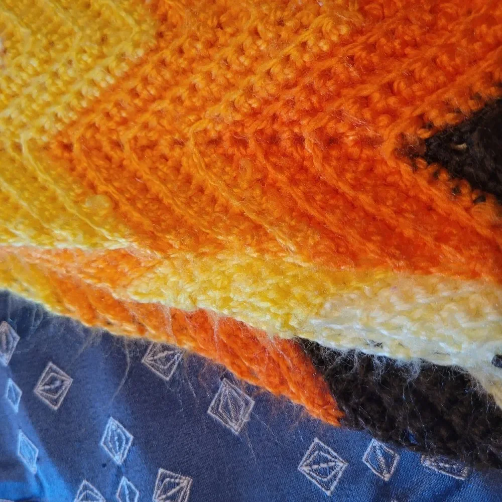 Vintage 70s Afghan Crochet Handmade Orange & Brown Chevron Knit Blanket Throw